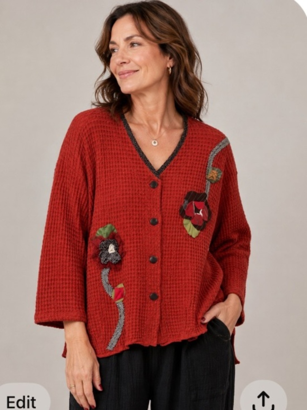 Red Button-Up Waffle Cotton Sweater with Floral Accents in size Med/L